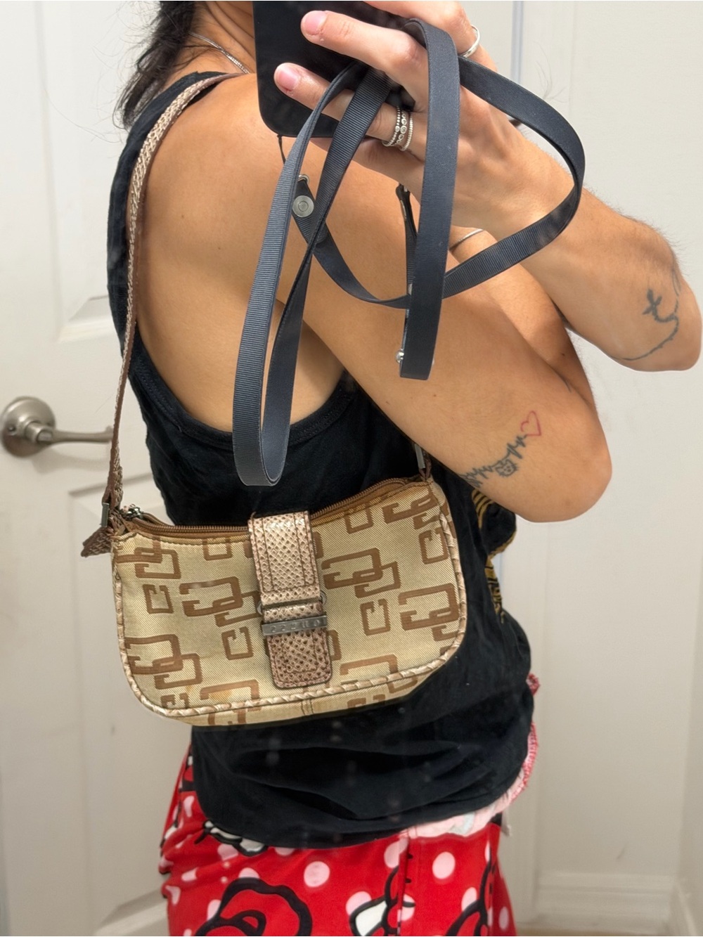 Guess Beige Logo Pattern Shoulder Bag with Brown Trim